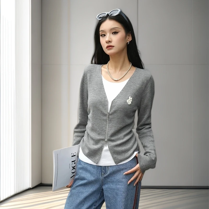 哥弟阿玛施正2025春秋季新款抽绳收腰假两件羊毛针织衫女款上衣