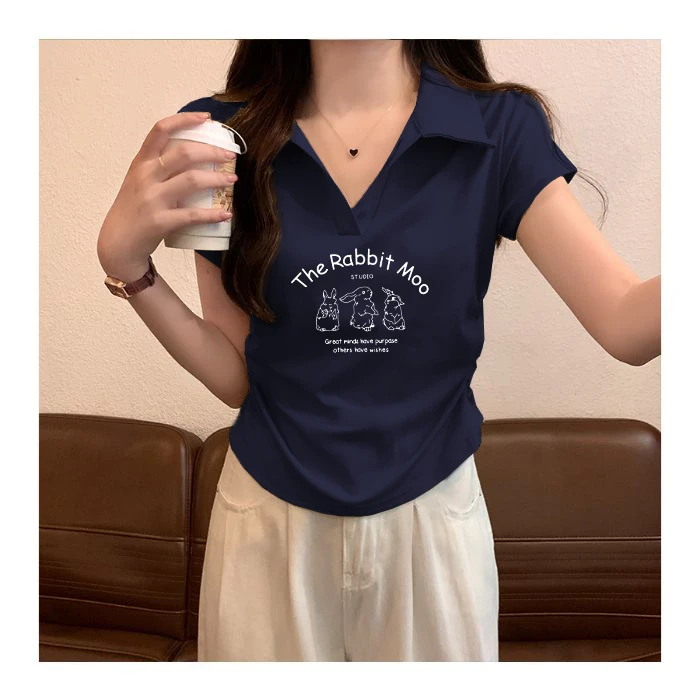 2025夏季v领短袖正肩翻领polo衫t恤女夏季修身显瘦校园风上衣