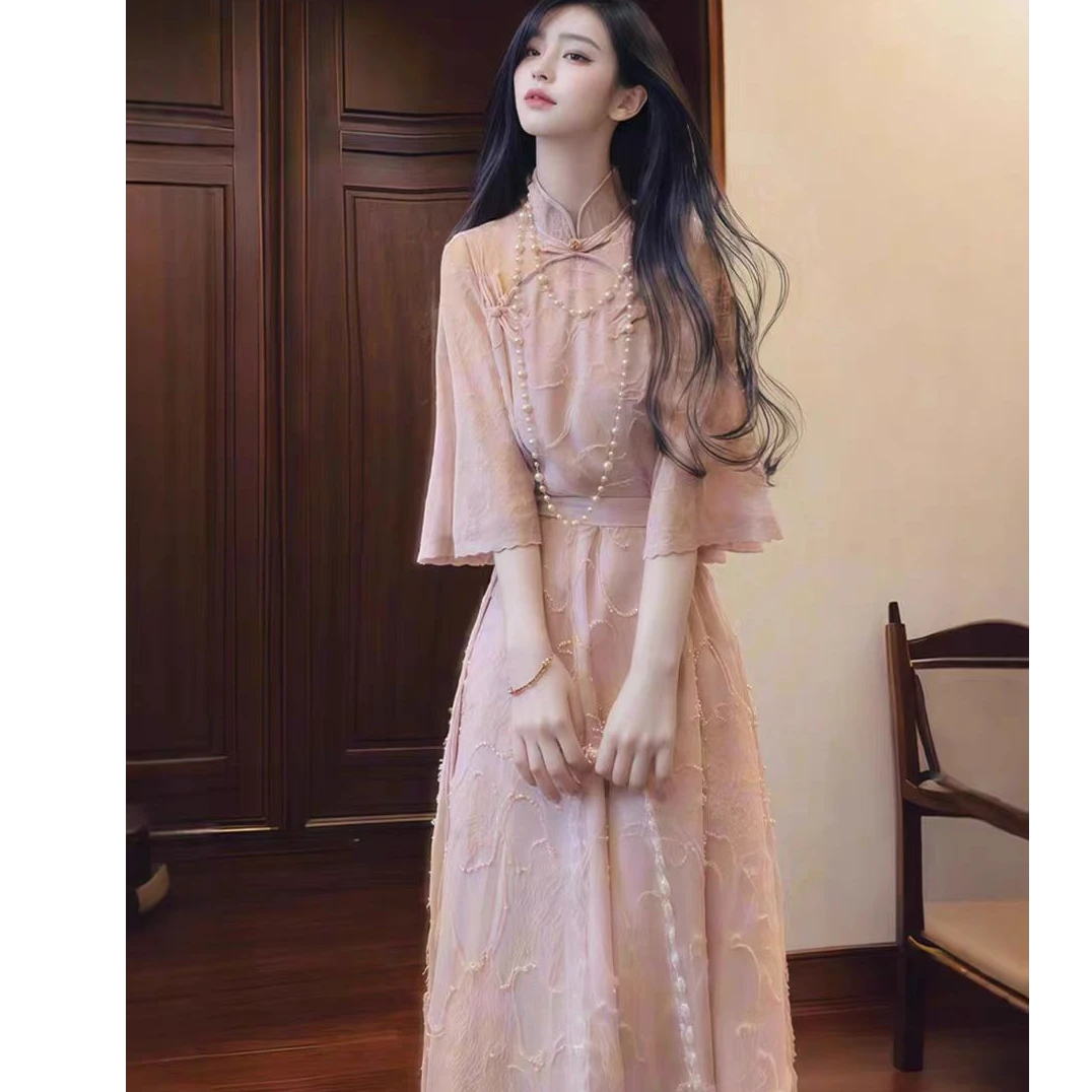 563#【阿芝专属】新中式改良立领旗袍女夏系带收腰甜美中长裙97516