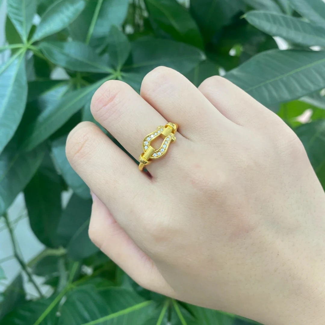 足金999 5D无氢点钻马蹄镶嵌戒指 气质轻奢时尚女士精美精致镶钻