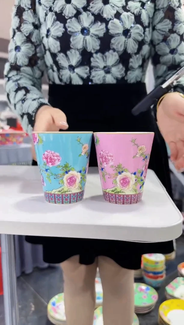 珐琅 牡丹花卉杯子2只装景德镇陶瓷