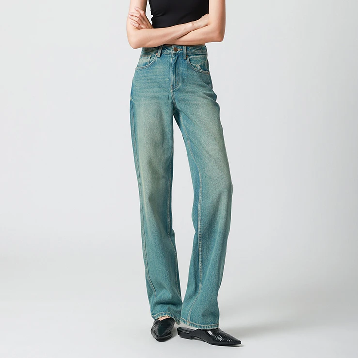 TT11【南】新品新色翡翠绿直筒牛仔裤女2025春季新款高腰窄版拖地裤