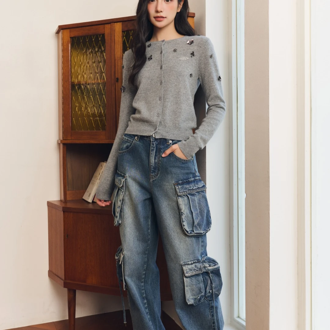 【Three Quarters】24AW 蓝色宽松工装阔腿裤-1480