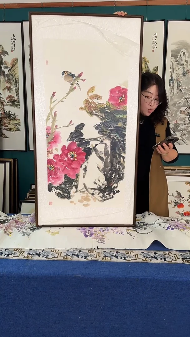 国画60*120牡丹实木装裱