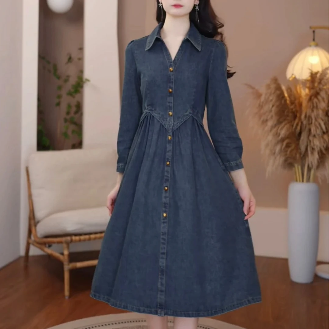 汉派鑫源服饰【新款-822】秋季新款时尚百搭显瘦牛仔蓝长袖连衣裙