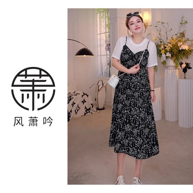 【风萧吟】大码女装夏季新款显瘦洋气假两件印花连衣裙FXY325