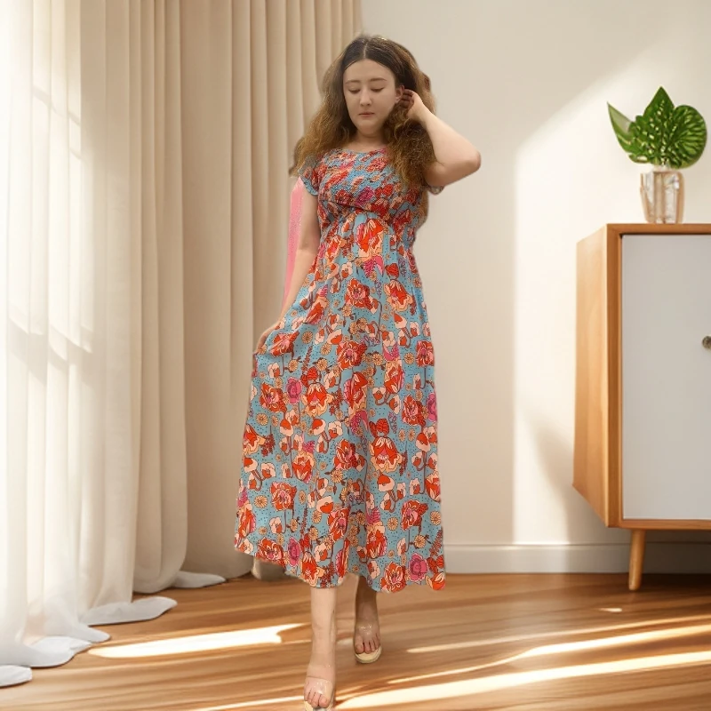 欧美夏季新款复古印花V领荷叶边长款连衣裙长裙女