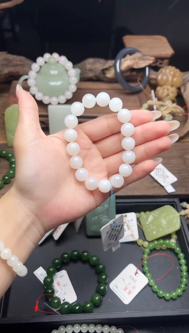 未镶嵌手串和田玉卡12青海野牛沟白玉  圆珠9013549