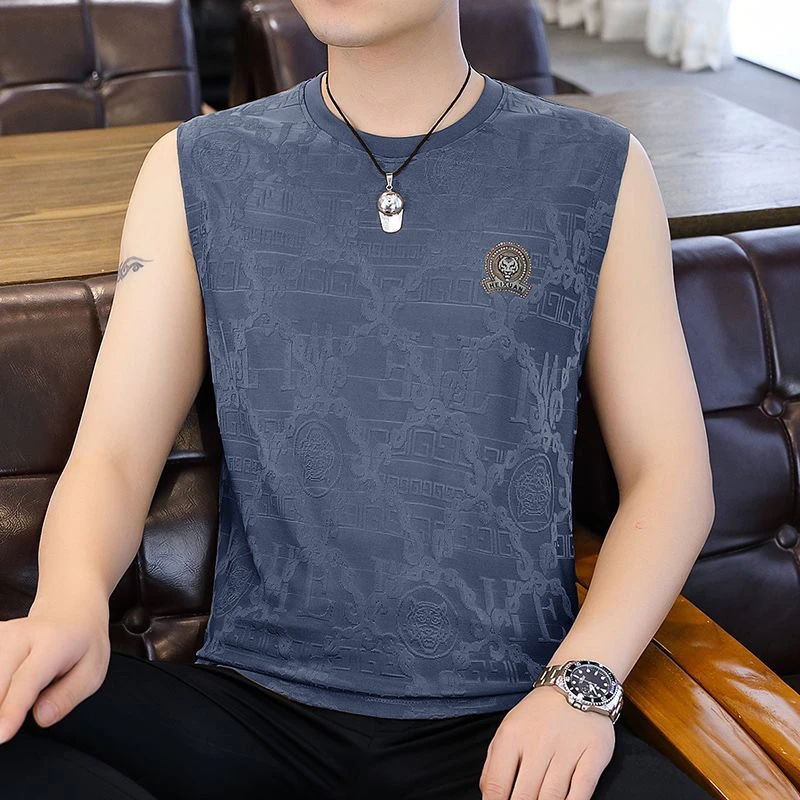 夏季冰丝薄款背心男士圆领健身运动透气潮流青年弹力无袖t恤宽松