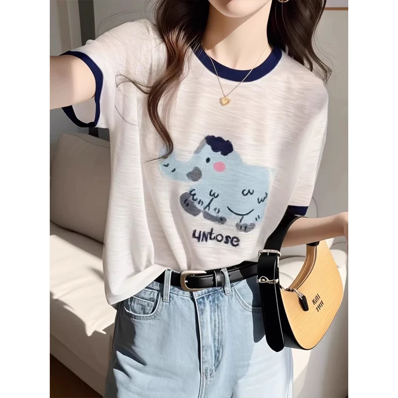 新爆款欧货清凉拼色提花高级设计感宽松针织衫T恤上衣小众潮女ins