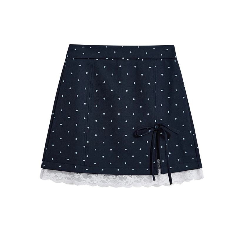 法式甜美开叉蝴蝶结拼接蕾丝短裙女春季新款高腰波点A字裙68968