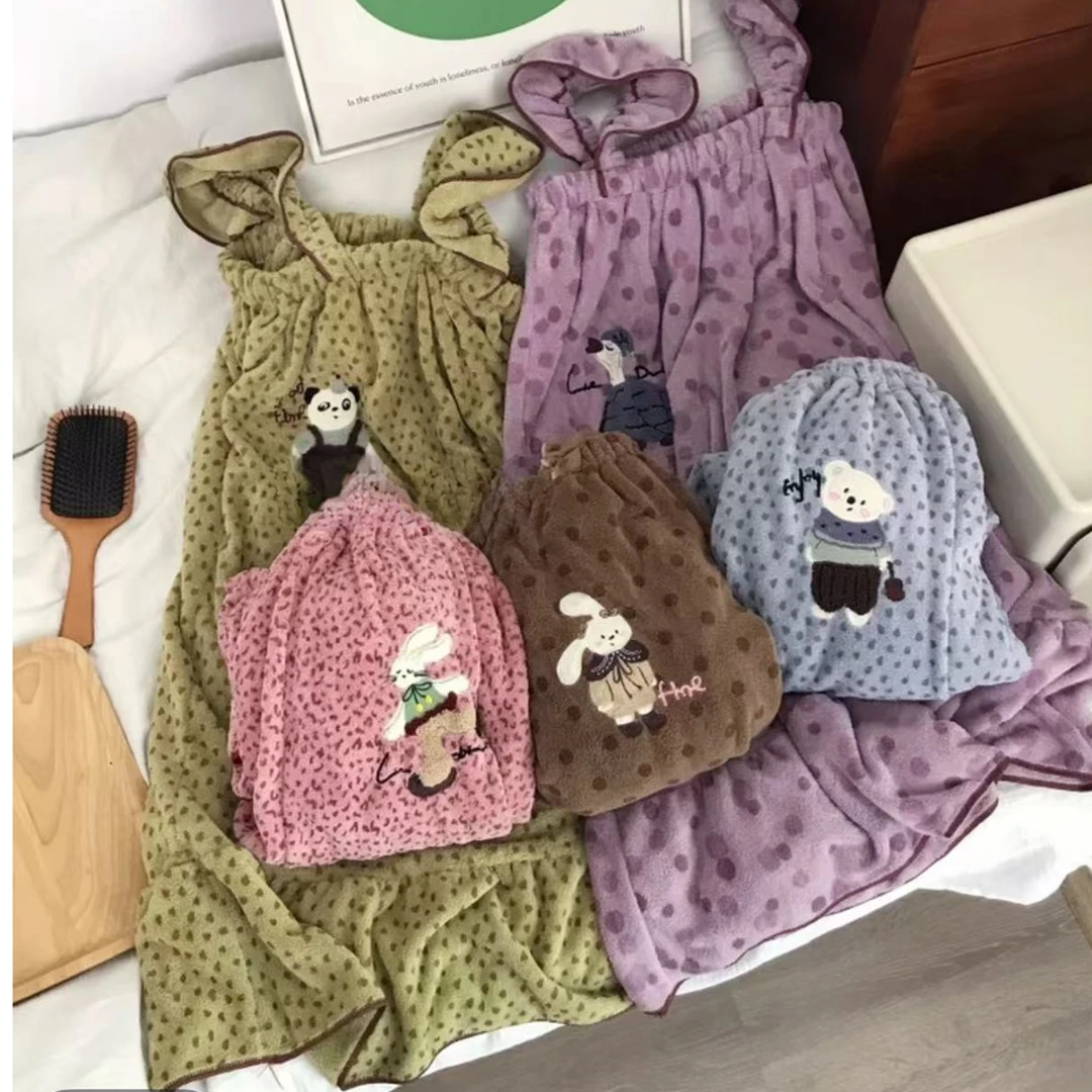 可爱小动物双肩吊带浴裙家用刺绣洗澡浴巾吸水可穿成人女抹胸套装