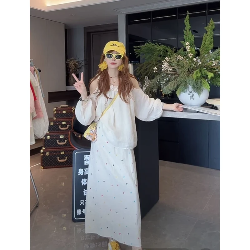 【YiJia~】新款法式时尚小香风宽松一字肩长袖上衣修身半身裙套装