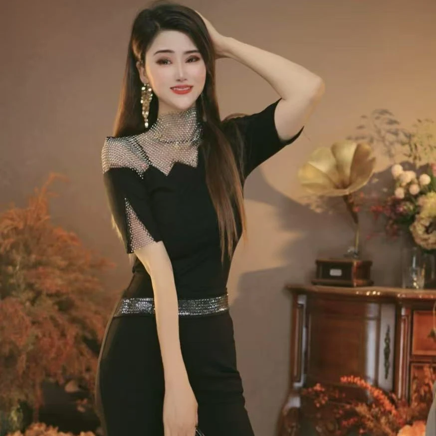 方红6559时尚烫钻T恤女短袖夏装洋气性感上衣修身百搭半袖小衫潮