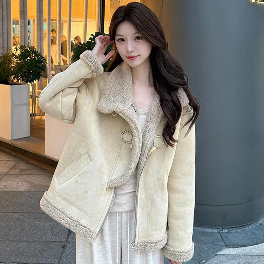 时髦皮毛一体短款外套女2025秋冬新款洋气气质百搭加绒加厚机车服