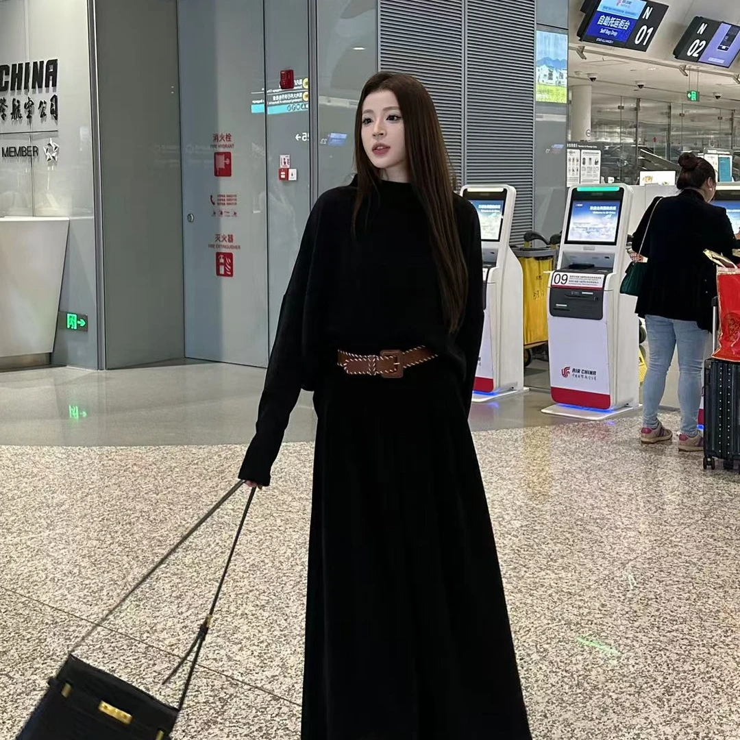 【雯雯】秋冬款立领半身裙套装长袖时尚打底秋季黑色复古-24091