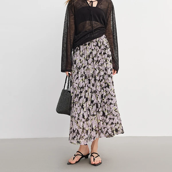 大码女装复古松紧高腰A字裙碎花压褶显瘦薄款半身裙25DS82916