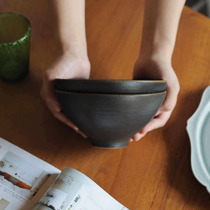 【瑕疵】Camus say 6.5英寸手作细圈纹收底棕黑色大碗2只16.8×8.4cm