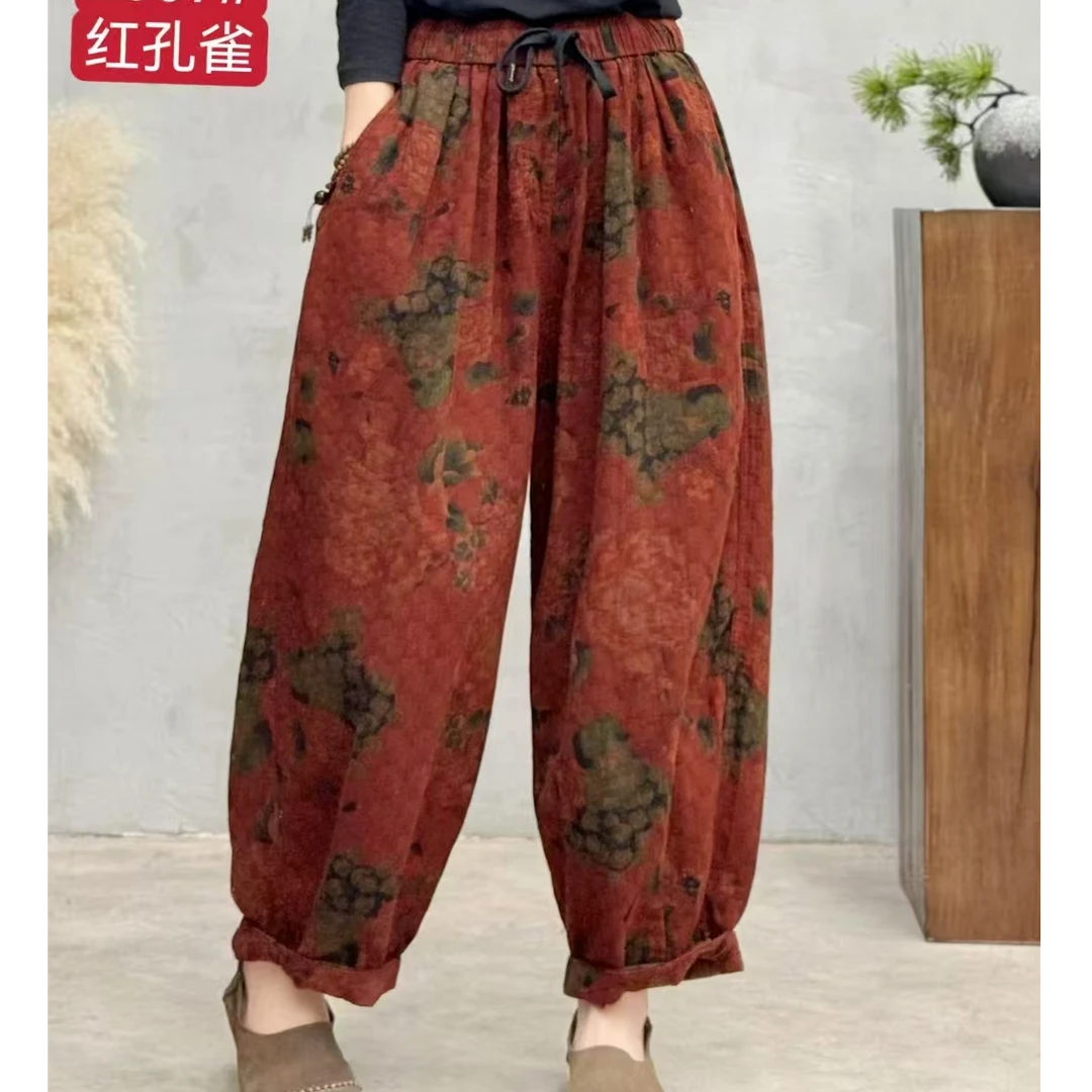 文艺复古数码印花女苎麻灯笼南瓜裤民族风高品质阔腿花裤高腰宽松