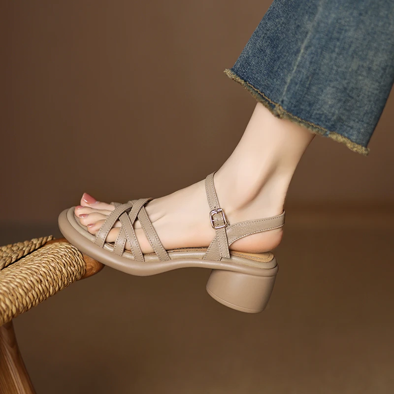 4.5CM~真皮法式复古编织粗跟凉鞋女2025新款爆款一字带中跟女鞋夏