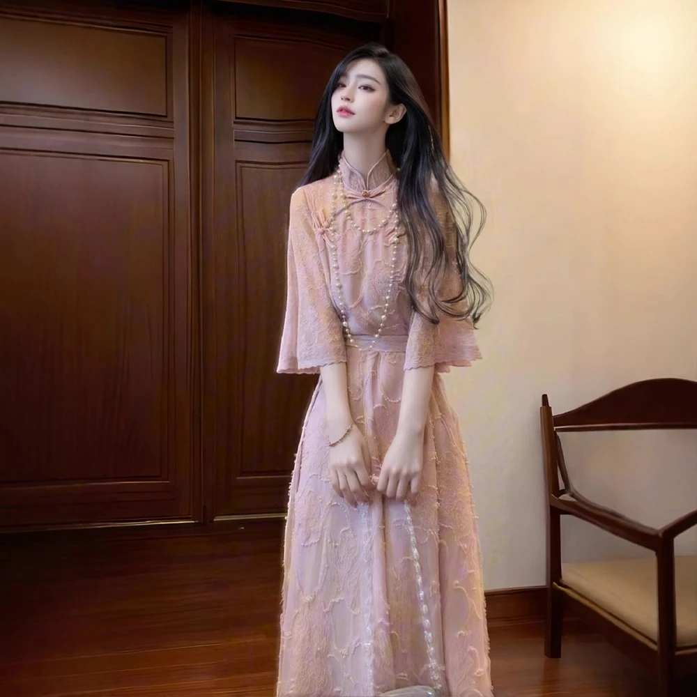 新中式国风提花连衣裙女夏季大码胖mm收腰独特气质改良旗袍长裙子