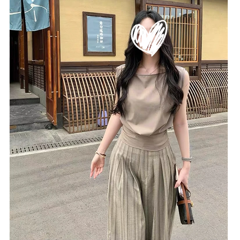 FCYSTUIDOHZJ高智设计感气质无袖上衣夏新款系带收腰显瘦裤子套装