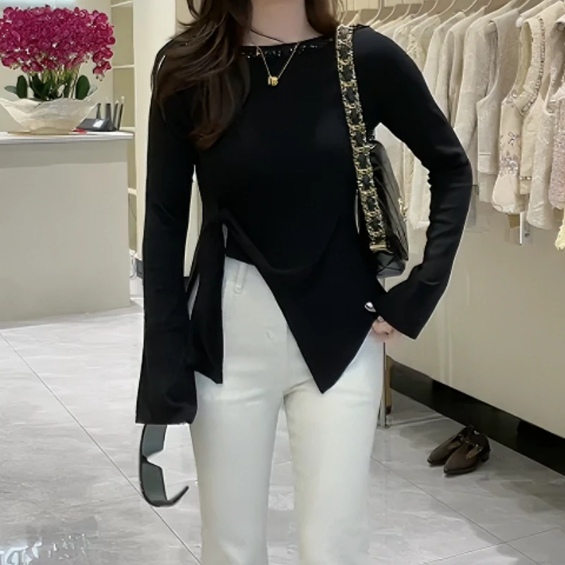 春季新款长袖打底衫烫钻修身不规则纯欲风T恤女LK2501938