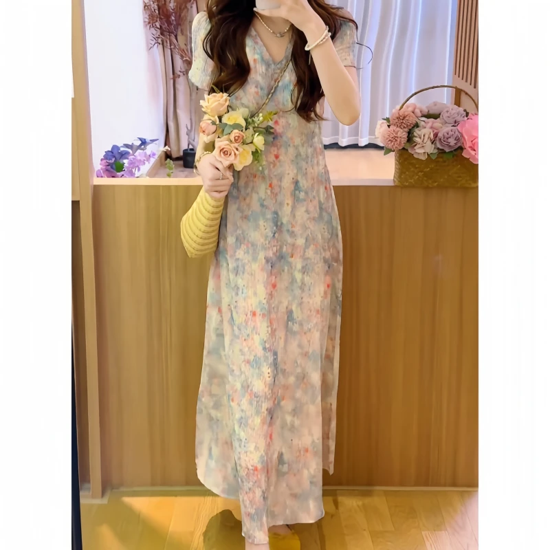 夏季时尚气质款甜美风温柔风连衣裙粉红长裙法式碎花休闲风连衣裙