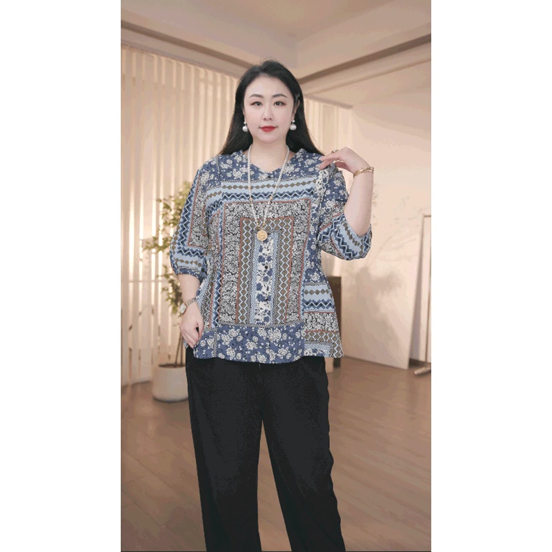 大码女装洋气衬衫印花气质宽松型常规长袖复古上衣碎花圆领