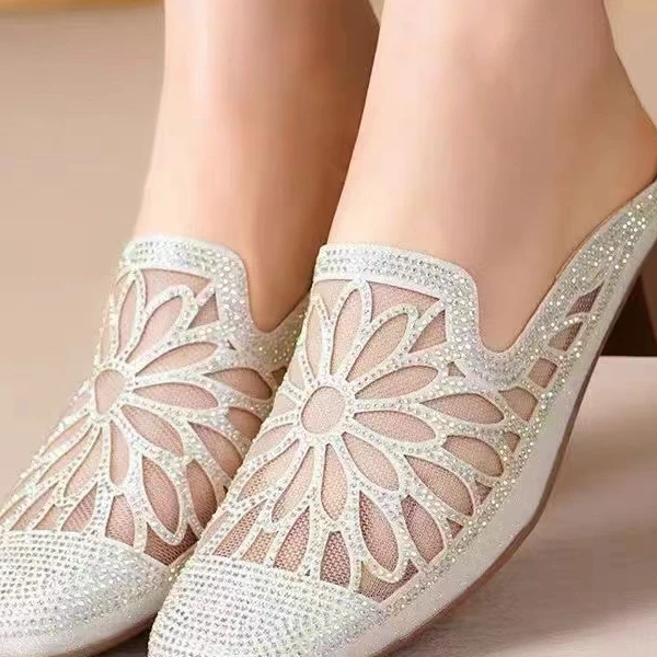 百搭中跟水钻包头纯色印花包头拖春夏通勤风