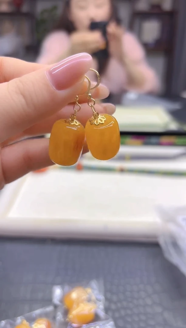 蜜蜡14K金镶嵌耳饰DIY款E620
