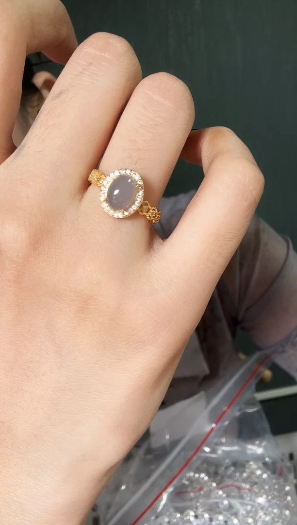 和田玉戒指银S925镀金镶嵌和田玉烟灰戒指