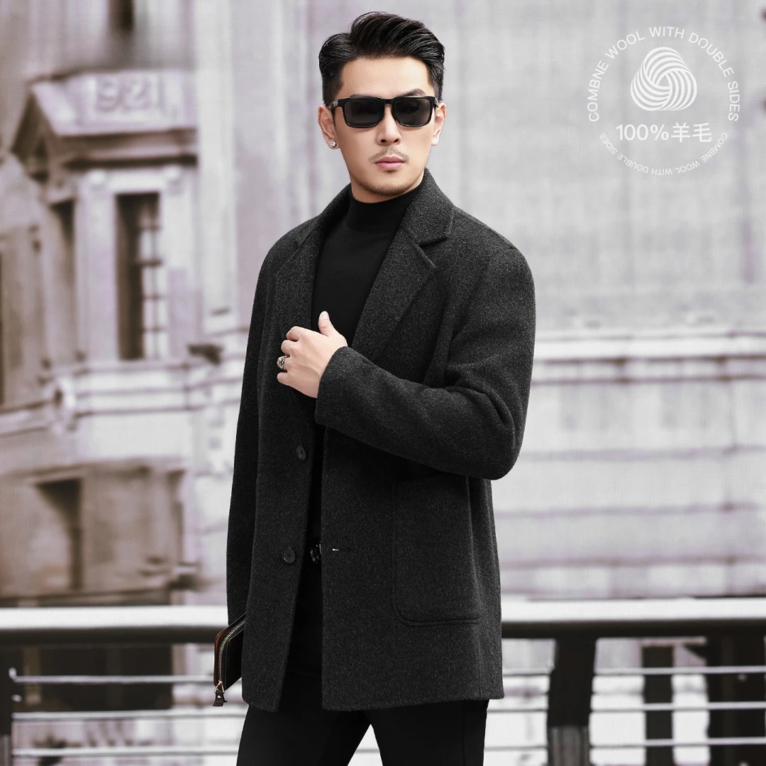 100%羊毛大衣中长款男韩版无羊绒外套西装呢子双面呢西服毛呢男士