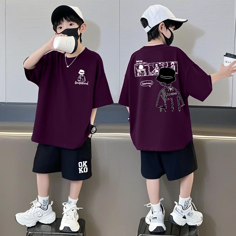 纯棉短袖短裤男童套装儿童宽松圆领夏中大童乌梅紫上衣酷帅两件套