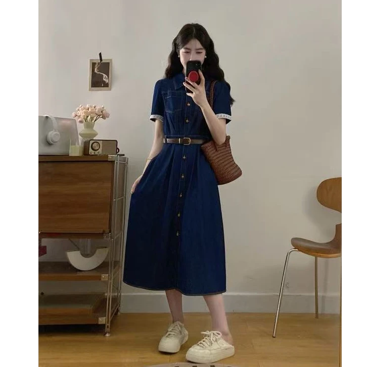 2025大码女装夏季新款花边拼接牛仔连衣裙收腰遮肚显瘦中长裙1596