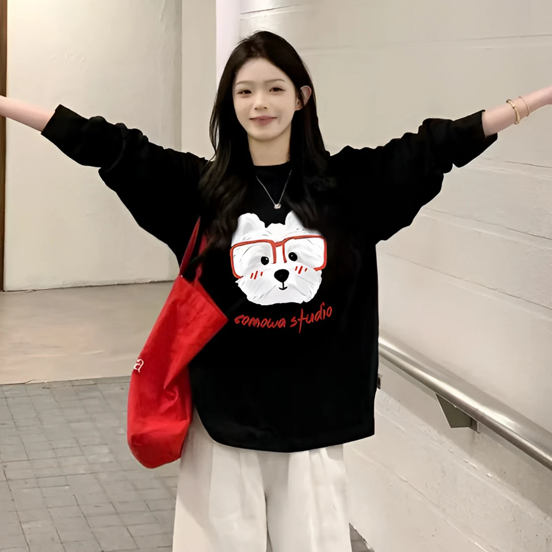 纯棉t恤黑色新款爆款秋冬长袖宽松韩版超好看百搭卫衣女ins风学生