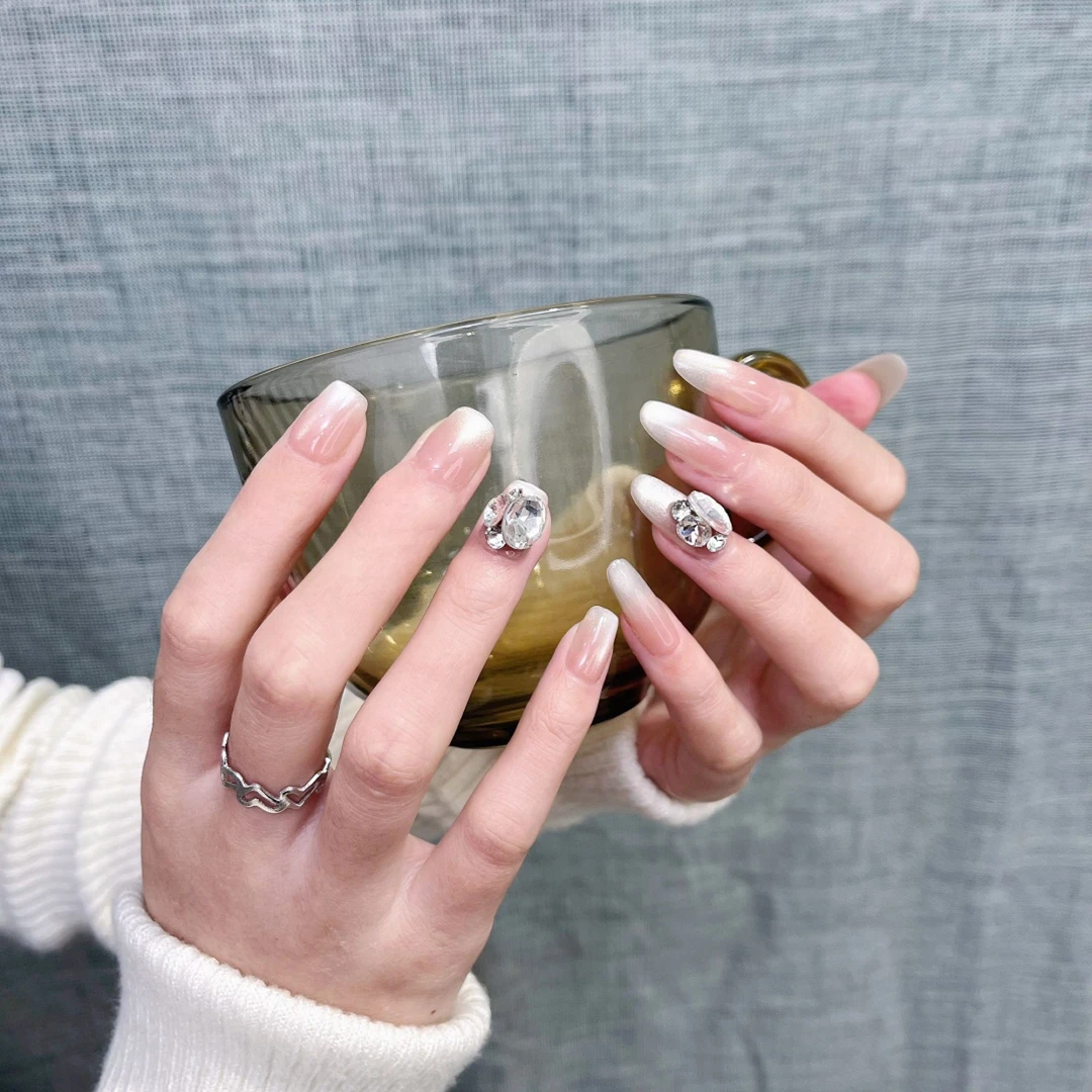 JDD【裸色微光】冰透带钻自然百搭简约显白猫眼 纯手工美甲穿戴甲片