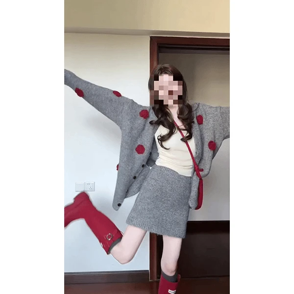 灰色花朵设计感针织开衫毛衣内搭背心打底衫高腰显瘦半身针织短裙