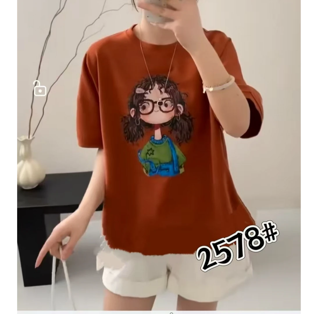 小施家时尚宽松卡通美女图显瘦大版T恤2578