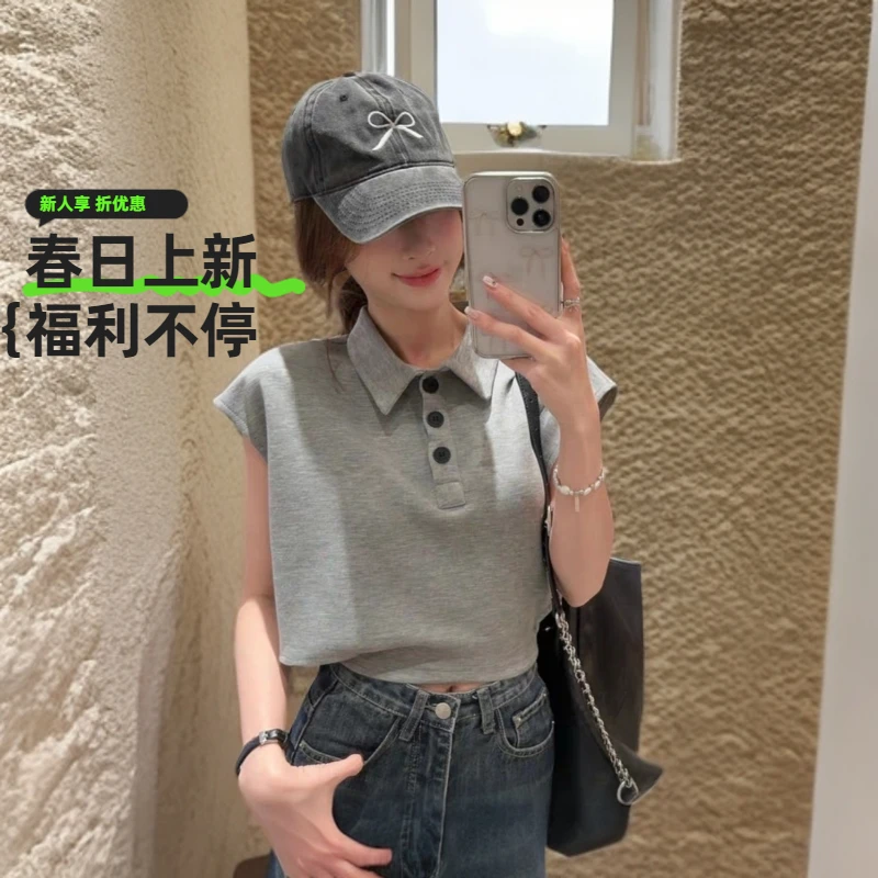 韩版复古Polo领灰色短袖t恤女2025夏显瘦时尚休闲洋气上衣短款