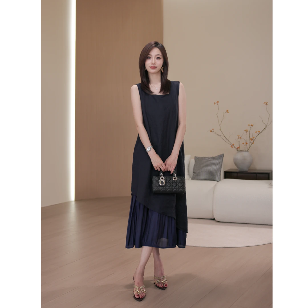 爆款法式新款夏季薄款撞色连衣裙拼接裙子显瘦长款M173