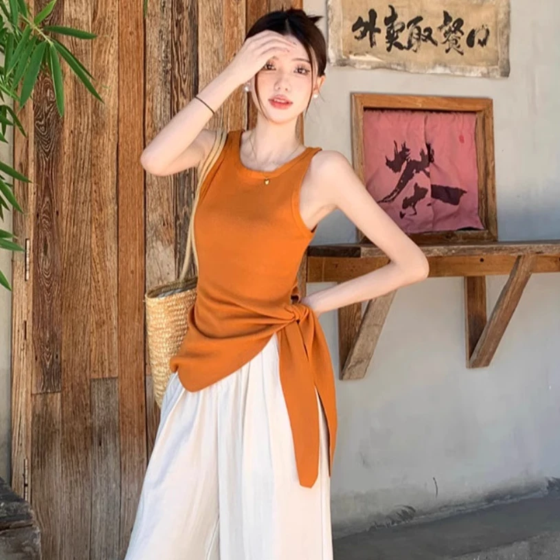 夏季法式气质不规则绑带无袖针织背心新款优雅显瘦辣妹外穿上衣女