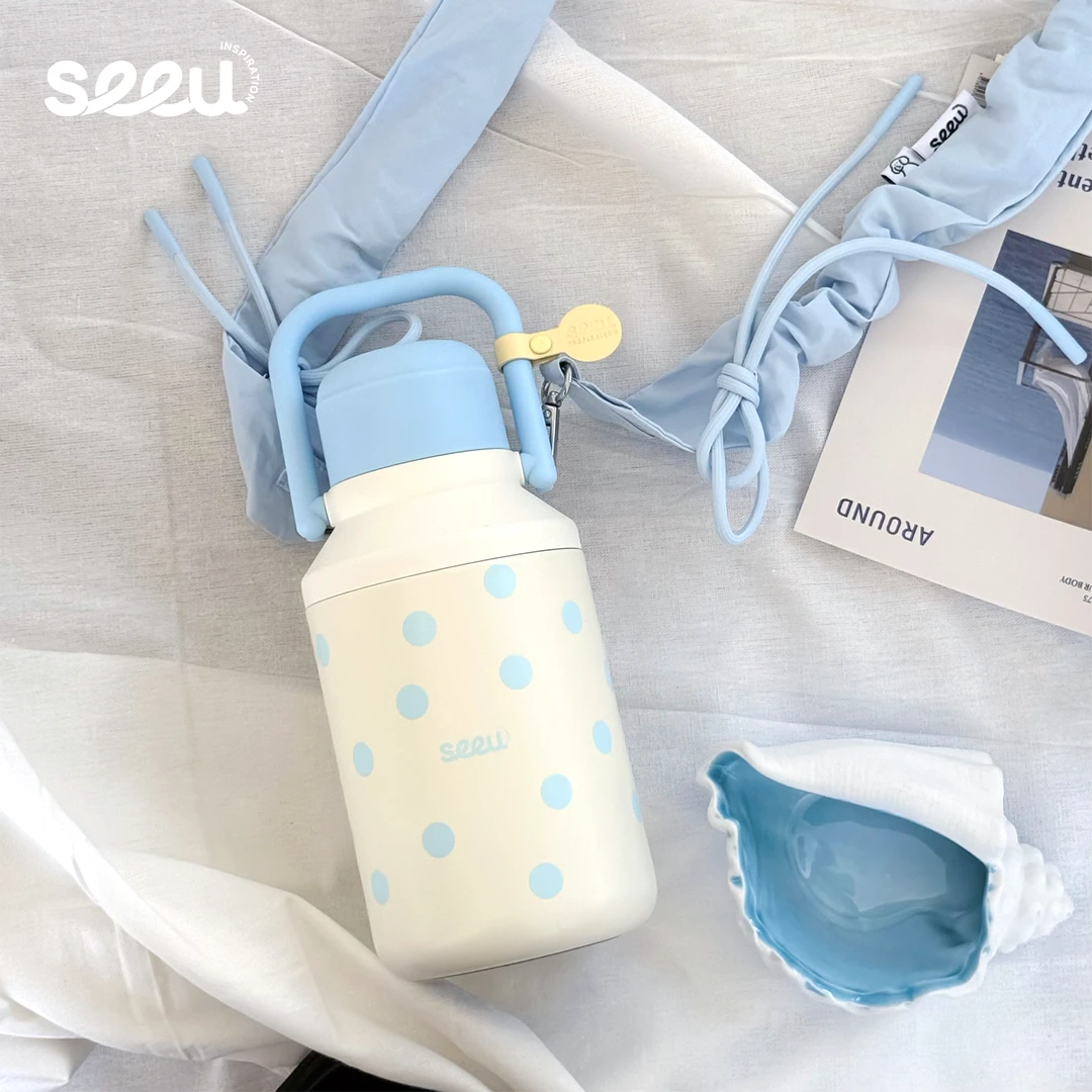 seeu波尔卡保温杯拎桶保温壶316不锈钢水杯带滤网大容量1000ml