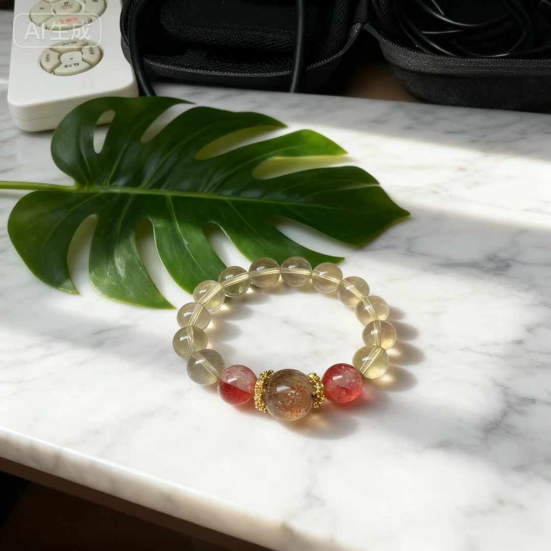 【三少人文晶典】SL029天然黄水晶+红胶花+黑金超七设计手链