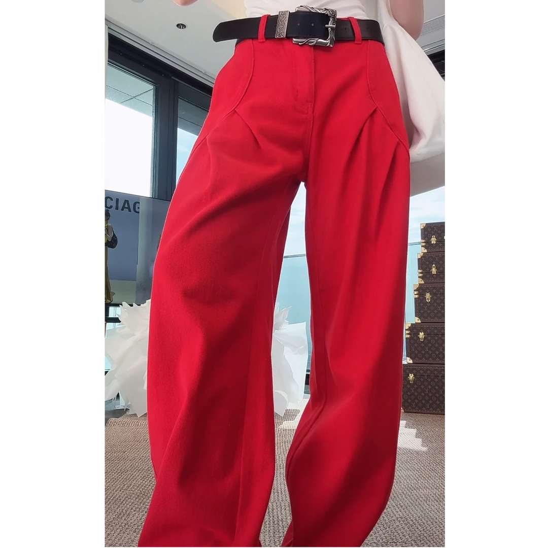 LI婉君【王炸红牛】美式宽松褶皱阔腿休闲牛仔裤LWJ25A1K008