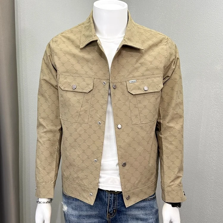 夹克男春秋季新款潮牌帅气翻领压花休闲上衣潮流青年修身外套