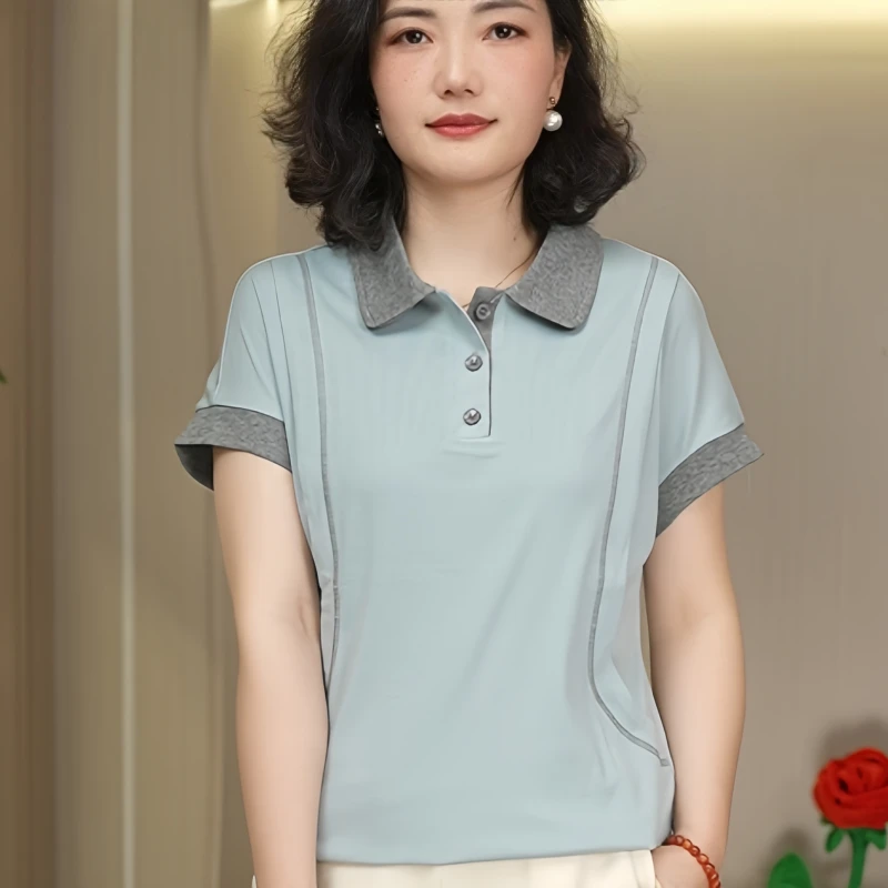 2025新品超显瘦设计感休闲百搭时尚洋气短袖撞色小翻领上衣