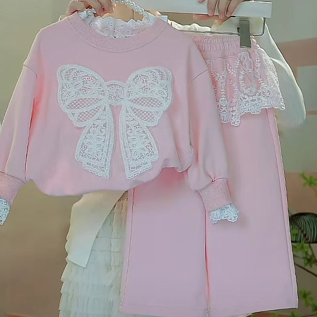 2025春款女童蕾丝针织蝴蝶结套装