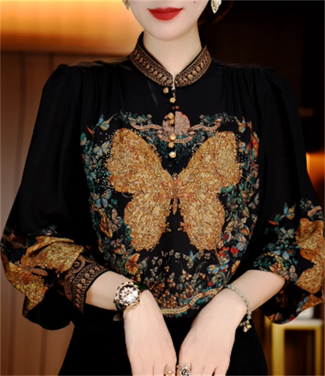 春秋时尚中式国风显瘦金丝气质洋气休闲印花百搭衬衫长袖V24Z556