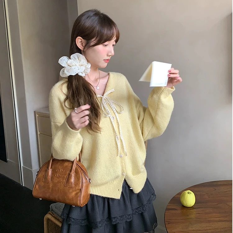 蕾丝系带领毛衣开衫外套女2025秋季新款软糯温柔气质休闲针织上衣